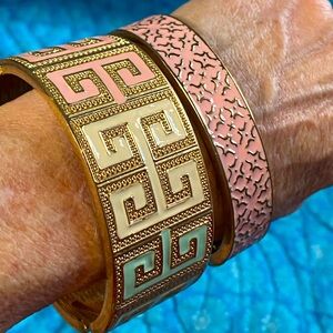 Vintage pair of hinged metal bangles,colorful enamel,gold/silver,pink,mint, red